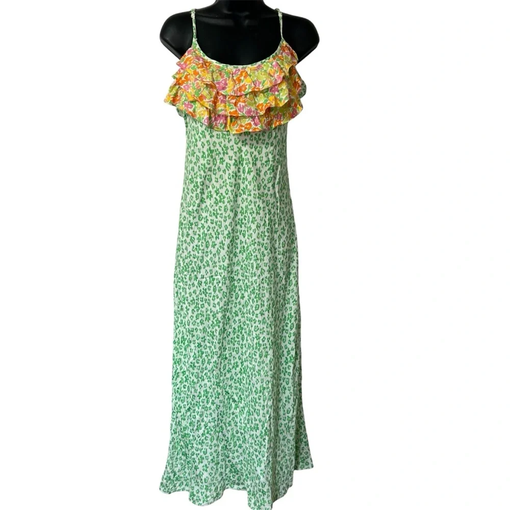 RIXO Target Green Leopard Print Ruffle Romantic Boho Midi Slip Dress Size M